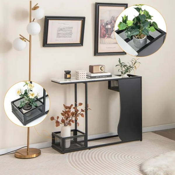 Table Console Meuble d'Entrée en Faux Marbre avec 2 Casiers Cadre en Métal pour Couloir Salon 110 x 30 x 80 cm