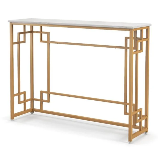 Table Console Meuble d'Entrée en Faux Marbre Cadre en Métal Doré Design Géométrique Kit Anti-Basculement 110 x 30 x 81 cm Blanc