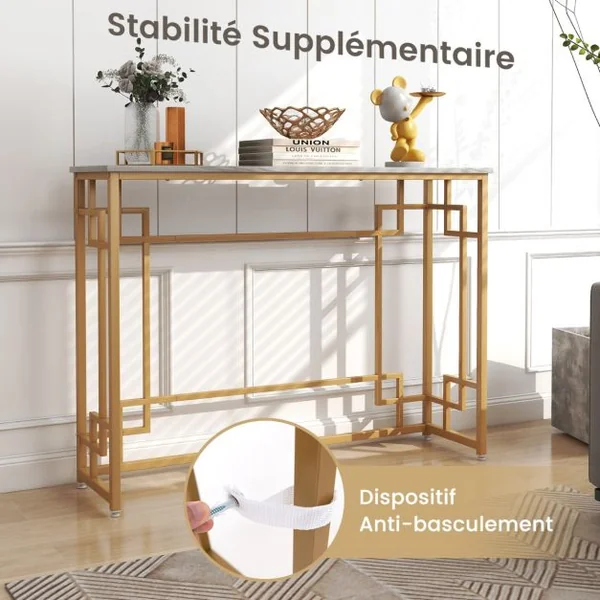 Table Console Meuble d'Entrée en Faux Marbre Cadre en Métal Doré Design Géométrique Kit Anti-Basculement 110 x 30 x 81 cm Blanc