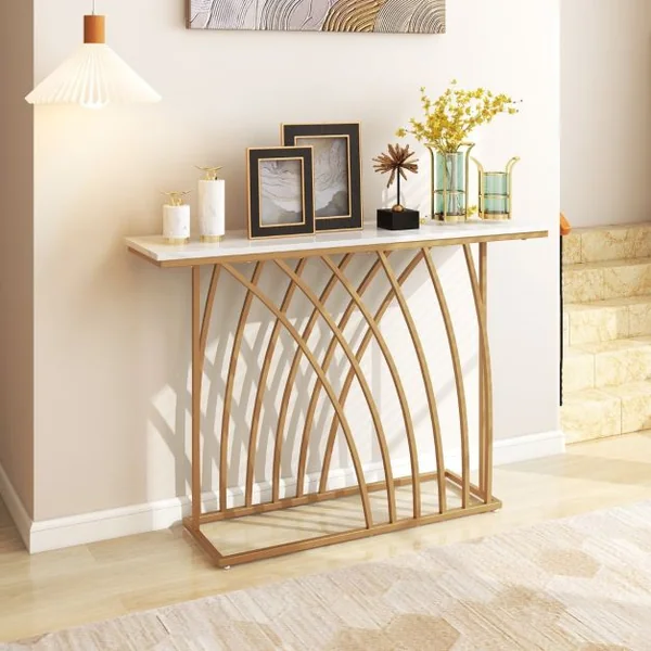 Table Console Meuble d'Entrée en Faux Marbre Design Géométrique Moderne Cadre en Métal Doré Kit Anti-Basculement 120 x 30 x 80 cm Blanc et Or