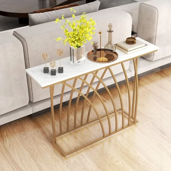 Table Console Meuble d'Entrée en Faux Marbre Design Géométrique Moderne Cadre en Métal Doré Kit Anti-Basculement 120 x 30 x 80 cm Blanc et Or