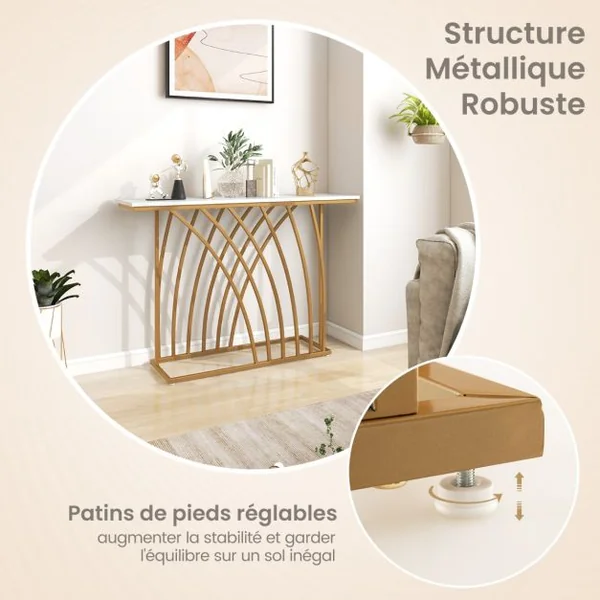 Table Console Meuble d'Entrée en Faux Marbre Design Géométrique Moderne Cadre en Métal Doré Kit Anti-Basculement 120 x 30 x 80 cm Blanc et Or