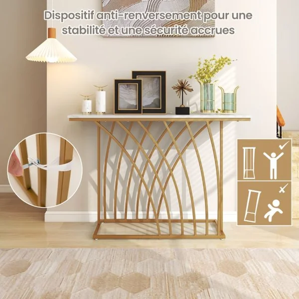 Table Console Meuble d'Entrée en Faux Marbre Design Géométrique Moderne Cadre en Métal Doré Kit Anti-Basculement 120 x 30 x 80 cm Blanc et Or