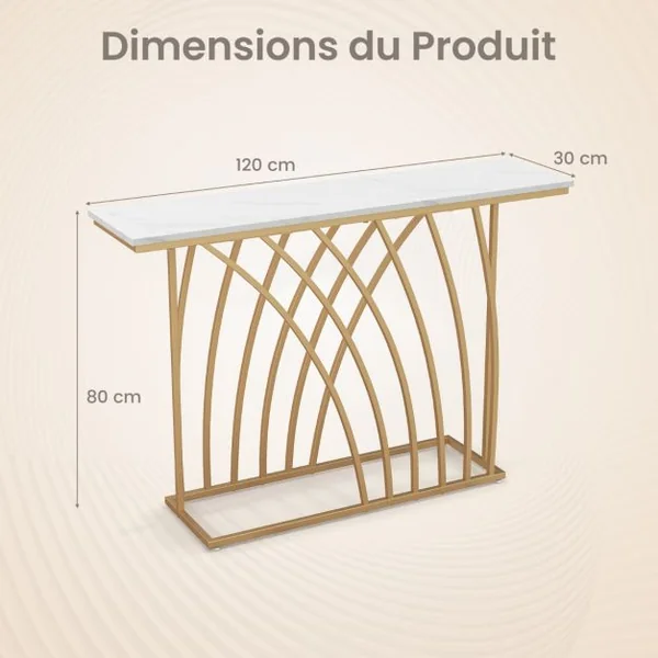 Table Console Meuble d'Entrée en Faux Marbre Design Géométrique Moderne Cadre en Métal Doré Kit Anti-Basculement 120 x 30 x 80 cm Blanc et Or
