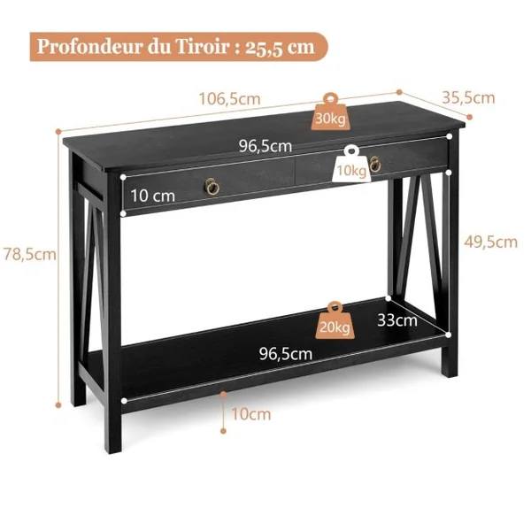 Table Console Meuble Entrée 2 Tiroirs 106,5 x 35,5 x 78,5 cm (L x l x H) en Bois Noir