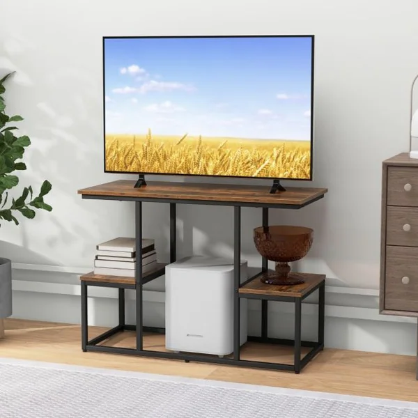 Table Console pour Tv de 50 Pouces avec Étagères de Rangement Ouvertes Présentoir à 2 Niveaux Centre de Divertissement Marron Rustique