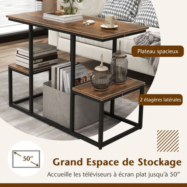 Table Console pour Tv de 50 Pouces avec Étagères de Rangement Ouvertes Présentoir à 2 Niveaux Centre de Divertissement Marron Rustique