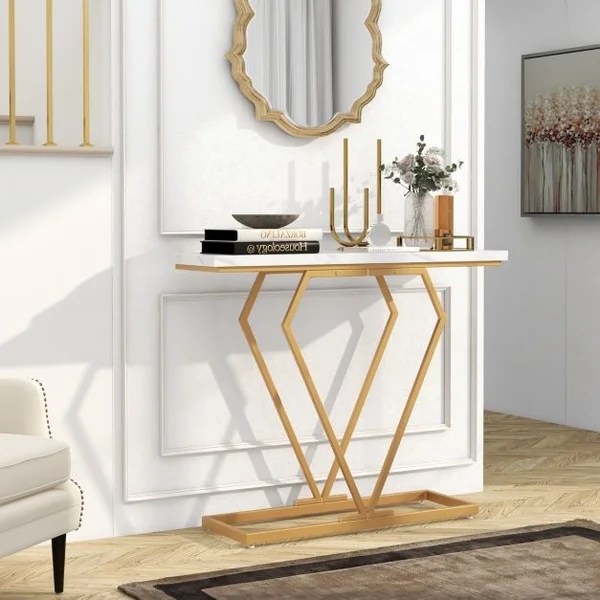 Table Console Table d'Entrée Étroite en Faux Marbre avec Cadre Géométrique en Forme de Diamant avec Dispositif Anti-basculement Blanc et Or
