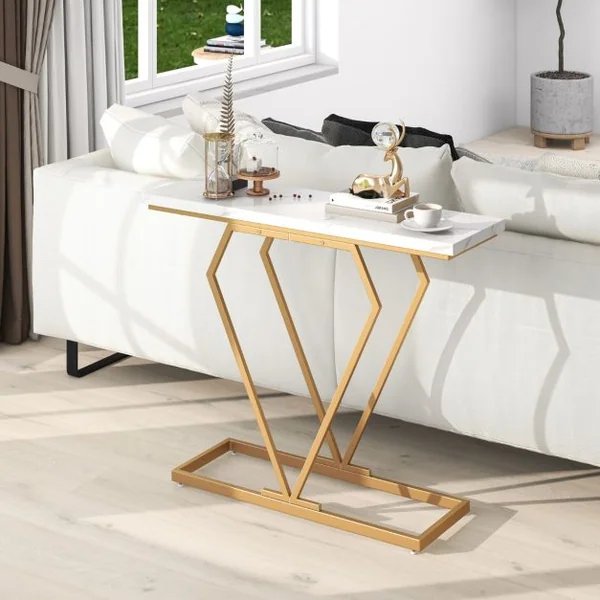Table Console Table d'Entrée Étroite en Faux Marbre avec Cadre Géométrique en Forme de Diamant avec Dispositif Anti-basculement Blanc et Or