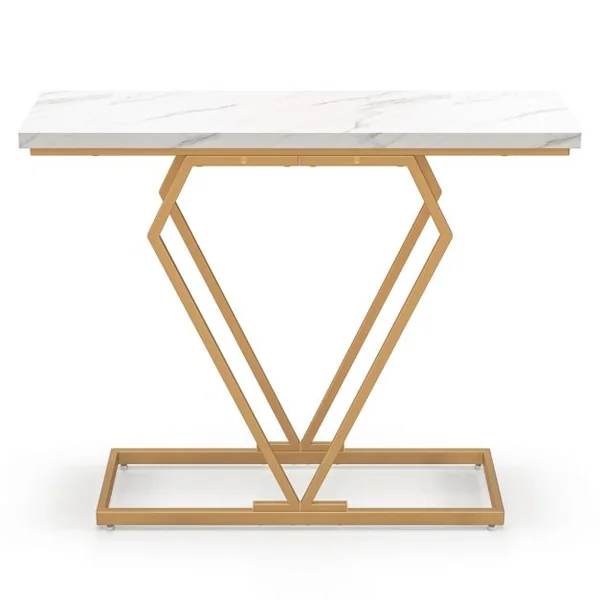 Table Console Table d'Entrée Étroite en Faux Marbre avec Cadre Géométrique en Forme de Diamant avec Dispositif Anti-basculement Blanc et Or