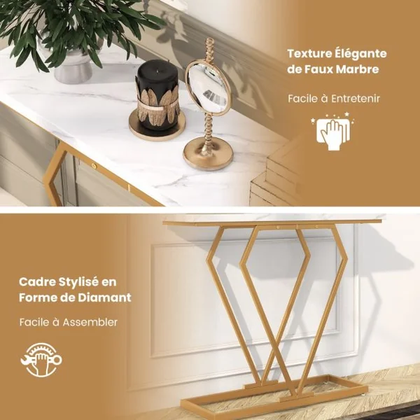 Table Console Table d'Entrée Étroite en Faux Marbre avec Cadre Géométrique en Forme de Diamant avec Dispositif Anti-basculement Blanc et Or