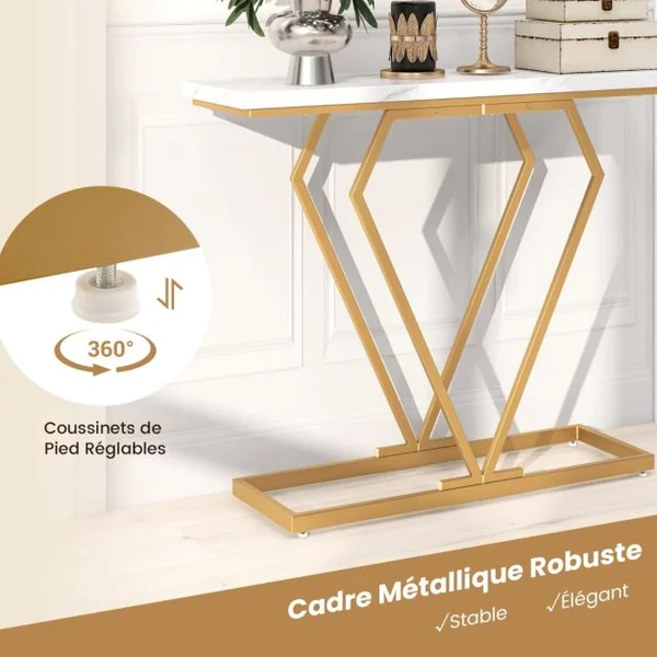 Table Console Table d'Entrée Étroite en Faux Marbre avec Cadre Géométrique en Forme de Diamant avec Dispositif Anti-basculement Blanc et Or