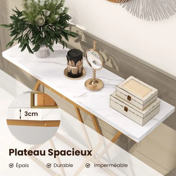 Table Console Table d'Entrée Étroite en Faux Marbre avec Cadre Géométrique en Forme de Diamant avec Dispositif Anti-basculement Blanc et Or