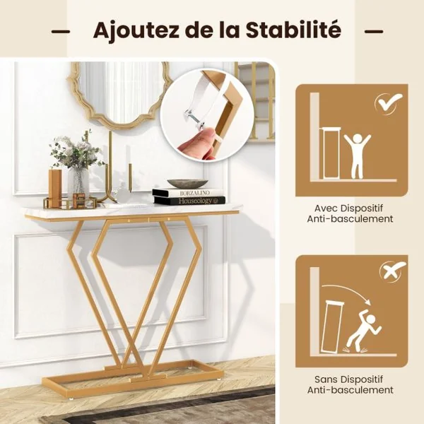 Table Console Table d'Entrée Étroite en Faux Marbre avec Cadre Géométrique en Forme de Diamant avec Dispositif Anti-basculement Blanc et Or