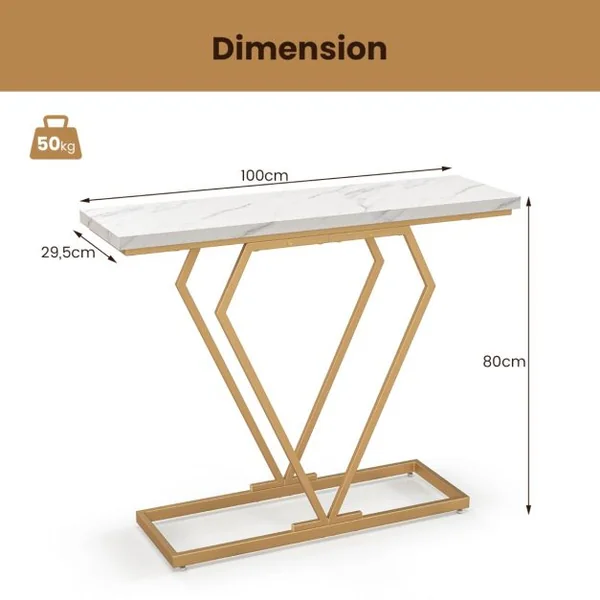 Table Console Table d'Entrée Étroite en Faux Marbre avec Cadre Géométrique en Forme de Diamant avec Dispositif Anti-basculement Blanc et Or