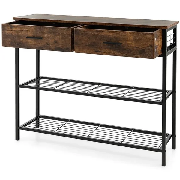 Table Console à 2 niveaux 2 Tiroirs 100 x 30 x 81,5 CM Style Industriel Cadre en Métal Meuble d' Entrée Brun/Café