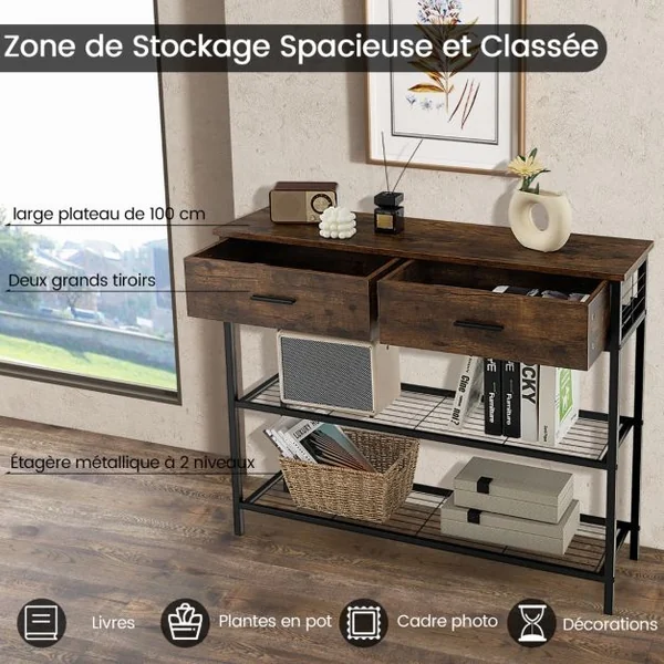 Table Console à 2 niveaux 2 Tiroirs 100 x 30 x 81,5 CM Style Industriel Cadre en Métal Meuble d' Entrée Brun/Café