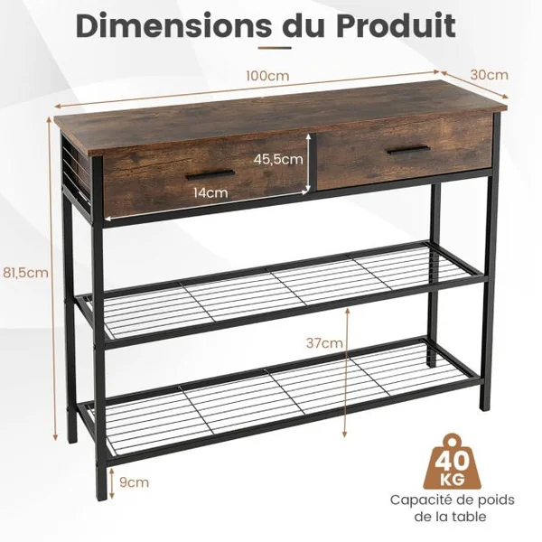 Table Console à 2 niveaux 2 Tiroirs 100 x 30 x 81,5 CM Style Industriel Cadre en Métal Meuble d' Entrée Brun/Café