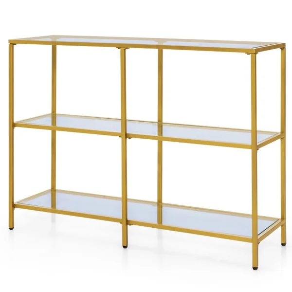 Table Console à 3 Étagères en Verre Trempé et Cadre en Acier Doré Table d’Entrée 6 Pieds Réglables Charge 45kg 100x30x73cm
