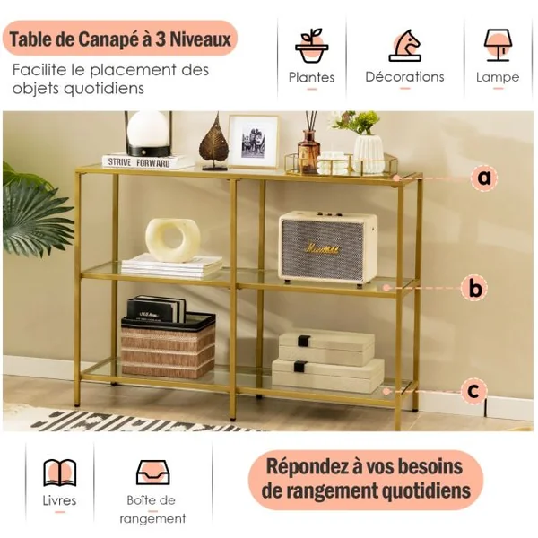 Table Console à 3 Étagères en Verre Trempé et Cadre en Acier Doré Table d’Entrée 6 Pieds Réglables Charge 45kg 100x30x73cm