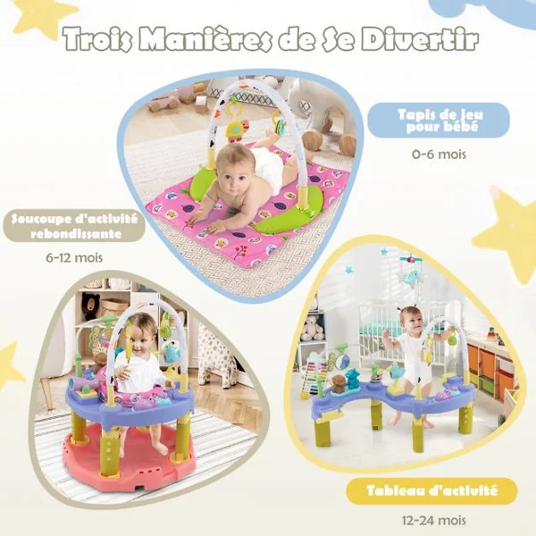 Table d'Activité Bébé Pliable 3 en 1 Trotteur Évolutif Tapis d’Eveil Siège Rotatif 360° Hauteur Réglable sur 3 Niveaux Rose
