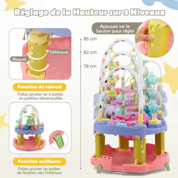 Table d'Activité Bébé Pliable 3 en 1 Trotteur Évolutif Tapis d’Eveil Siège Rotatif 360° Hauteur Réglable sur 3 Niveaux Rose