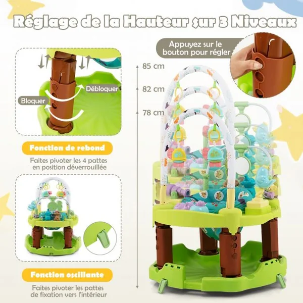 Table d'Activité Bébé Pliable 3 en 1 Trotteur Évolutif Tapis d’Eveil Siège Rotatif 360° Hauteur Réglable sur 3 Niveaux Vert