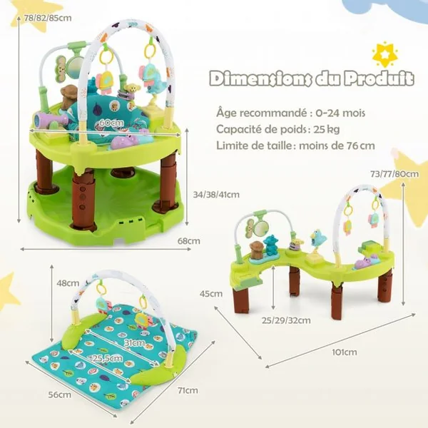 Table d'Activité Bébé Pliable 3 en 1 Trotteur Évolutif Tapis d’Eveil Siège Rotatif 360° Hauteur Réglable sur 3 Niveaux Vert