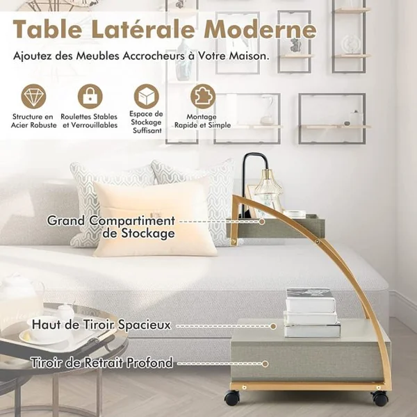 Table d'Appoint avec Plateau Amovible et Roues Verrouillables Chariot de Rangement Mobile pour Salon Chambre Bureau et Cuisine