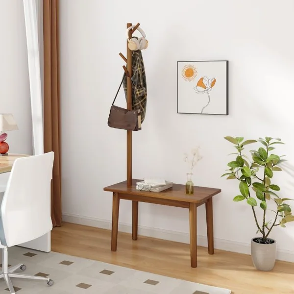 Table d'Appoint avec Porte-manteau en Bois Massif avec Banc à Chaussures 2 en 1 3 Crochets Café/Naturel