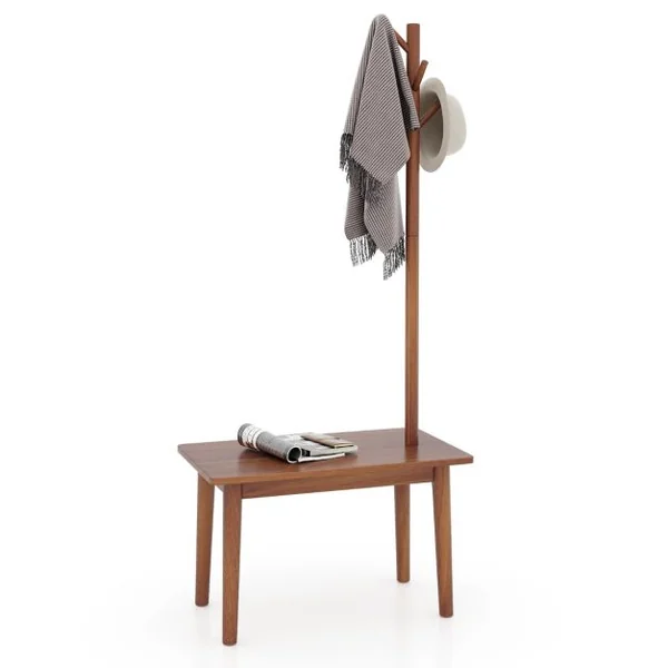 Table d'Appoint avec Porte-manteau en Bois Massif avec Banc à Chaussures 2 en 1 3 Crochets Café/Naturel
