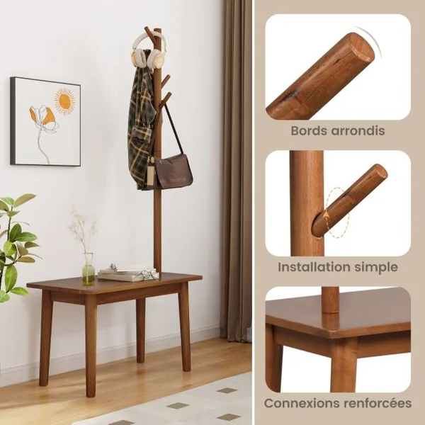 Table d'Appoint avec Porte-manteau en Bois Massif avec Banc à Chaussures 2 en 1 3 Crochets Café/Naturel