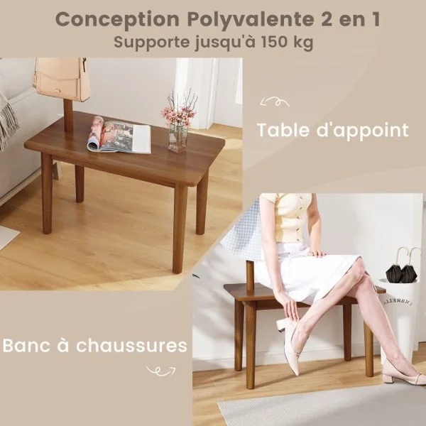 Table d'Appoint avec Porte-manteau en Bois Massif avec Banc à Chaussures 2 en 1 3 Crochets Café/Naturel