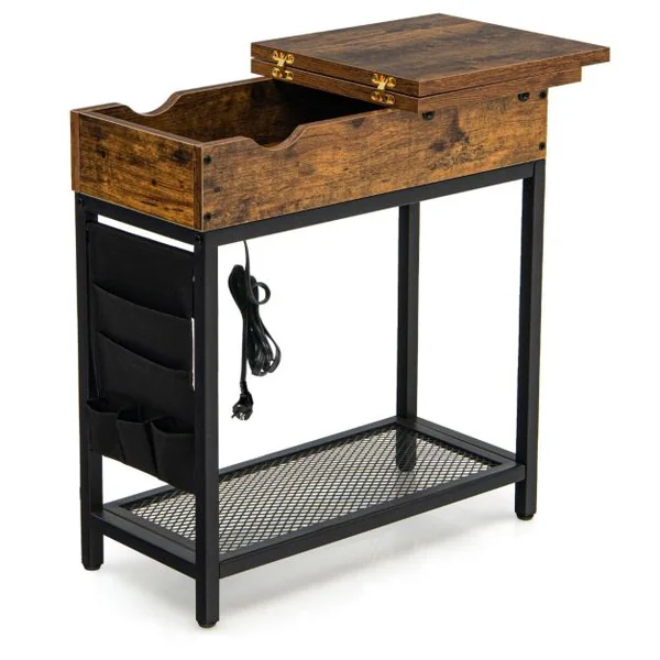 Table d'Appoint avec Prise d’Alimentation Dessus Rabattable Pochette en Tissu 60 x 30 x 58,5 cm Marron Rustique et Noir