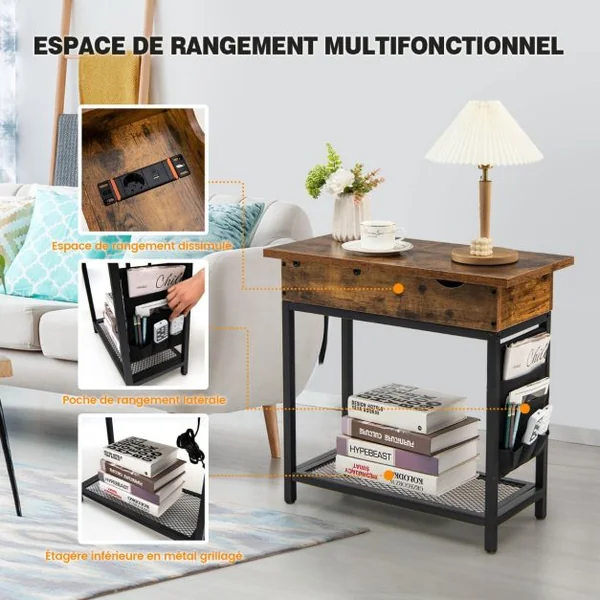 Table d'Appoint avec Prise d’Alimentation Dessus Rabattable Pochette en Tissu 60 x 30 x 58,5 cm Marron Rustique et Noir