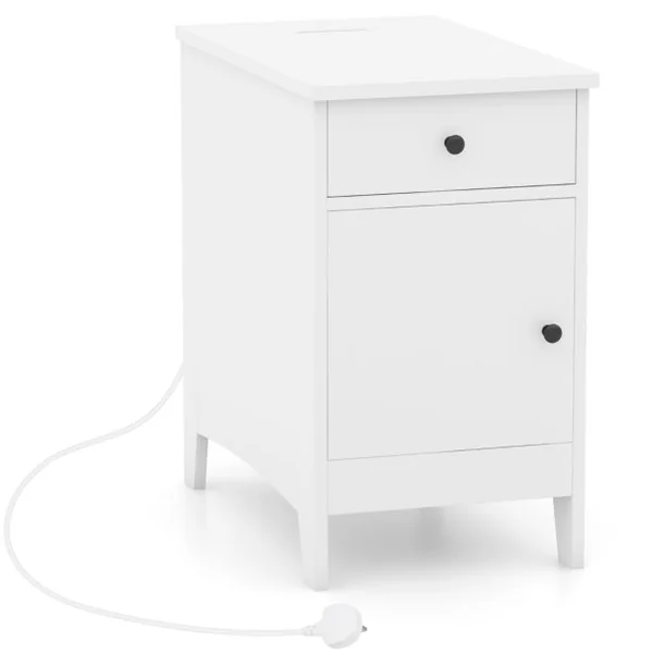 Table d'Appoint avec Station de Charge Table d'Appoint avec Ports et Prises USB Table de Chevet Etroite avec Tiroir Blanc