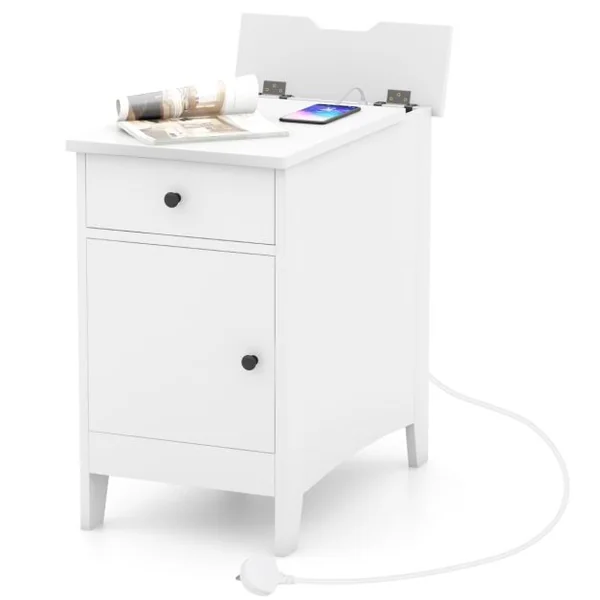 Table d'Appoint avec Station de Charge Table d'Appoint avec Ports et Prises USB Table de Chevet Etroite avec Tiroir Blanc