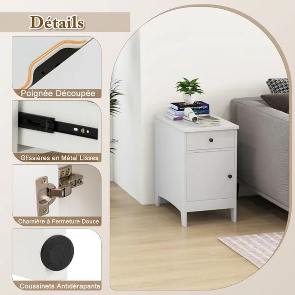 Table d'Appoint avec Station de Charge Table d'Appoint avec Ports et Prises USB Table de Chevet Etroite avec Tiroir Blanc