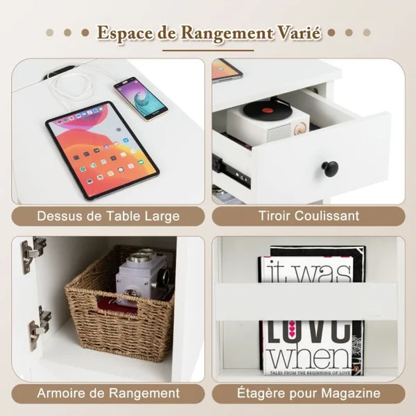 Table d'Appoint avec Station de Charge Table d'Appoint avec Ports et Prises USB Table de Chevet Etroite avec Tiroir Blanc