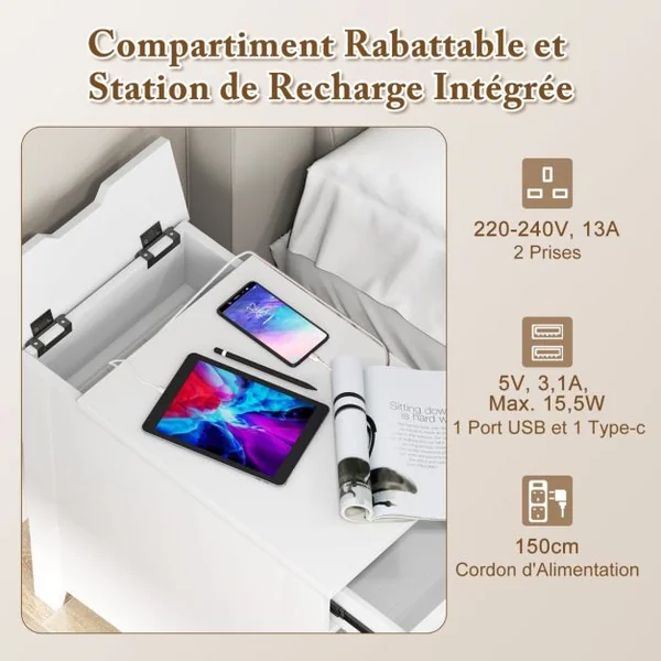 Table d'Appoint avec Station de Charge Table d'Appoint avec Ports et Prises USB Table de Chevet Etroite avec Tiroir Blanc