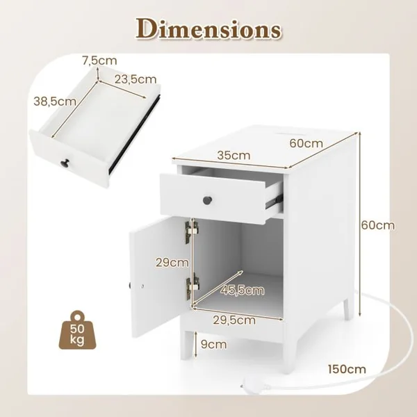 Table d'Appoint avec Station de Charge Table d'Appoint avec Ports et Prises USB Table de Chevet Etroite avec Tiroir Blanc