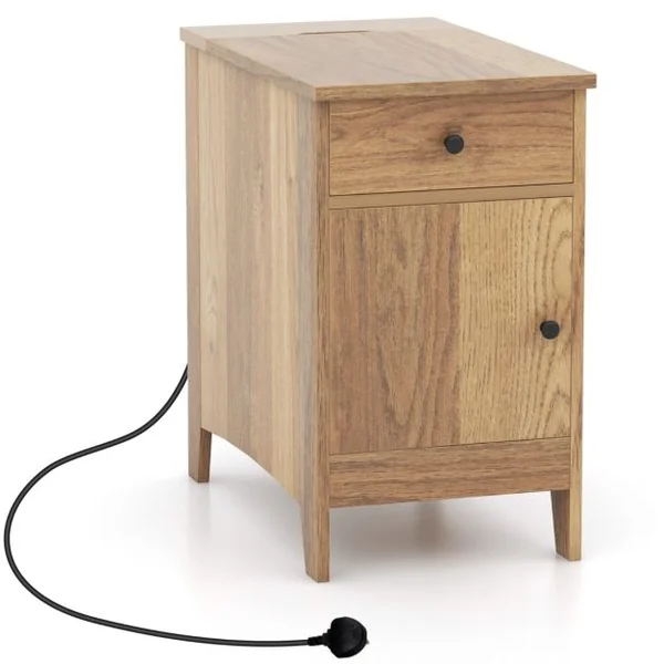 Table d'Appoint avec Station de Charge Table d'Appoint avec Ports et Prises USB Table de Chevet Etroite avec Tiroir Naturel