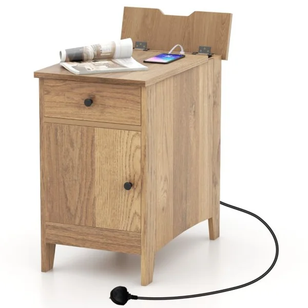 Table d'Appoint avec Station de Charge Table d'Appoint avec Ports et Prises USB Table de Chevet Etroite avec Tiroir Naturel