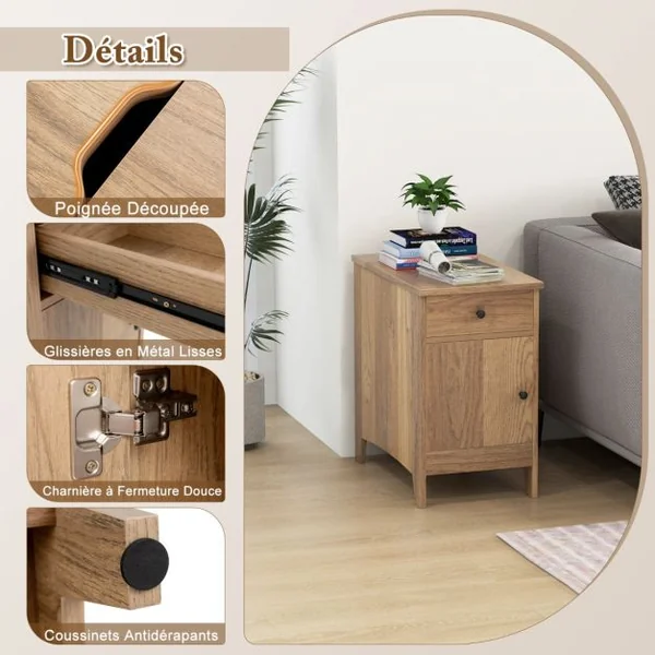 Table d'Appoint avec Station de Charge Table d'Appoint avec Ports et Prises USB Table de Chevet Etroite avec Tiroir Naturel