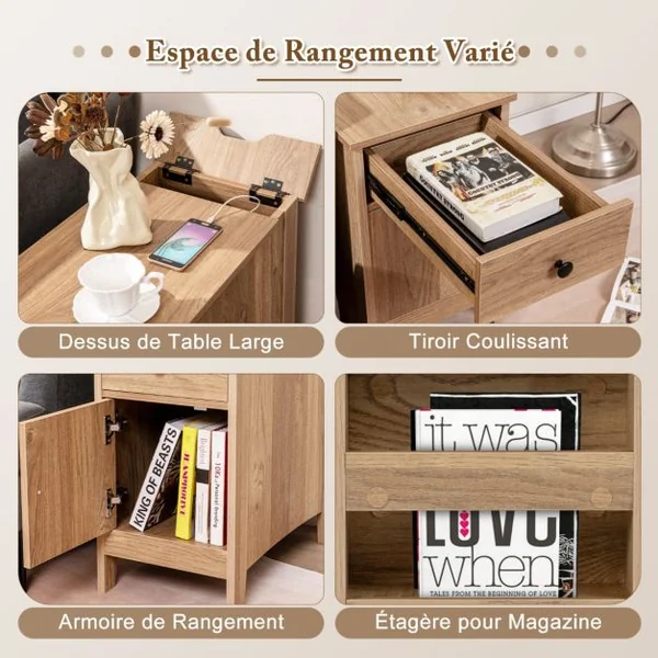 Table d'Appoint avec Station de Charge Table d'Appoint avec Ports et Prises USB Table de Chevet Etroite avec Tiroir Naturel