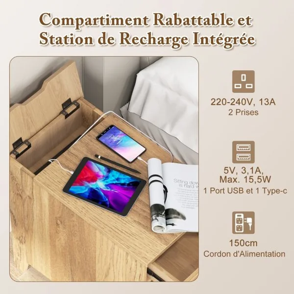 Table d'Appoint avec Station de Charge Table d'Appoint avec Ports et Prises USB Table de Chevet Etroite avec Tiroir Naturel