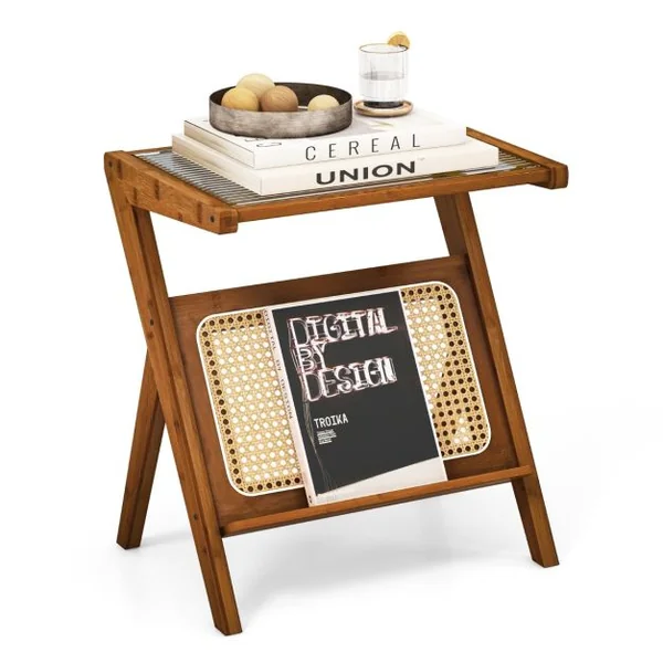 Table d'Appoint Boho avec Porte-revues Table de Chevet Polyvalente en Bambou avec Plateau en Verre Trempé Table d'Appoint en Forme de Z avec Étagère en Rotin Café