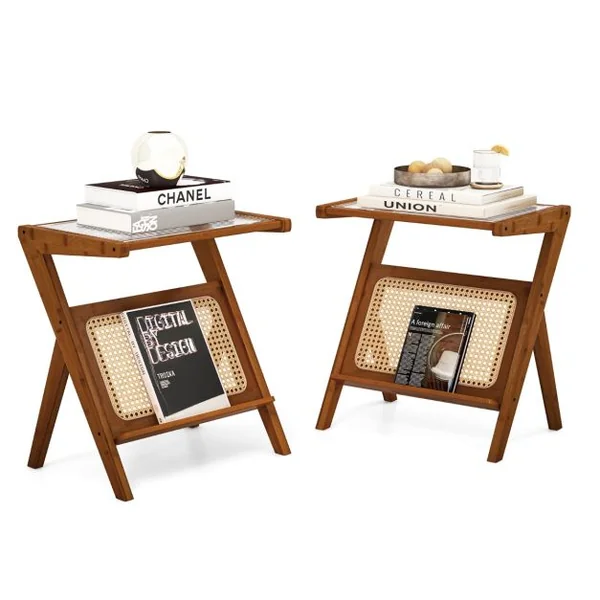 Table d'Appoint Boho avec Porte-revues Table de Chevet Polyvalente en Bambou avec Plateau en Verre Trempé Table d'Appoint en Forme de Z avec Étagère en Rotin Café