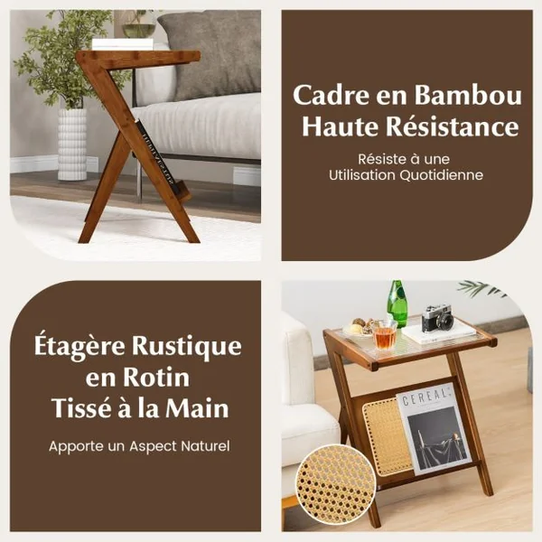 Table d'Appoint Boho avec Porte-revues Table de Chevet Polyvalente en Bambou avec Plateau en Verre Trempé Table d'Appoint en Forme de Z avec Étagère en Rotin Café