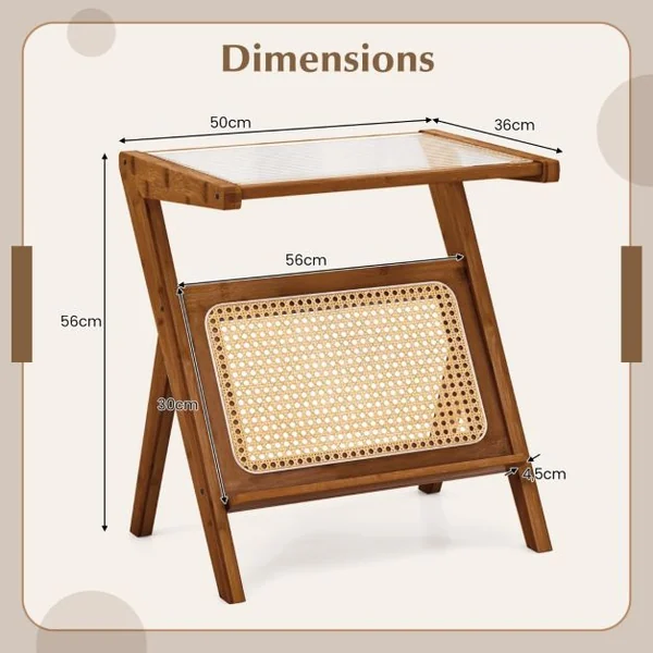 Table d'Appoint Boho avec Porte-revues Table de Chevet Polyvalente en Bambou avec Plateau en Verre Trempé Table d'Appoint en Forme de Z avec Étagère en Rotin Café